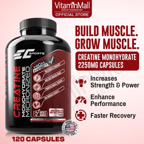 EC Sports Creatine Monohydrate 2250mg - 120 Capsules – Bodybuilding Supplements, Build Muscle, Increase Strength, Enhance Energy – Micronized Creatine
