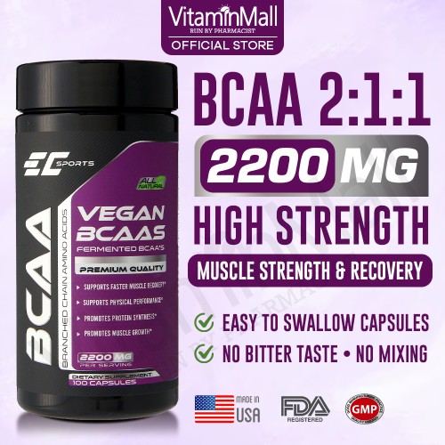 EC-Sports 100% BCAA 2:1:1 Branched Chain Amino Acid - 100 Capsules - Promote Muscle Protein Synthesis