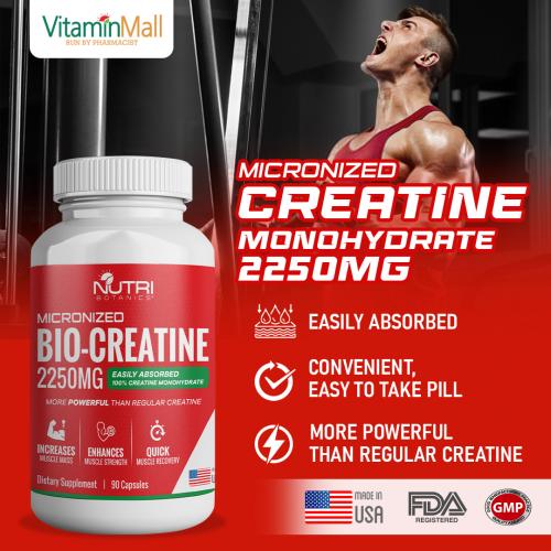 Nutri Botanics Bio Creatine Monohydrate 2250mg – Micronized Creatine Supplement, Increase Muscle Size, Muscle Recovery - 90 Creatine Capsules