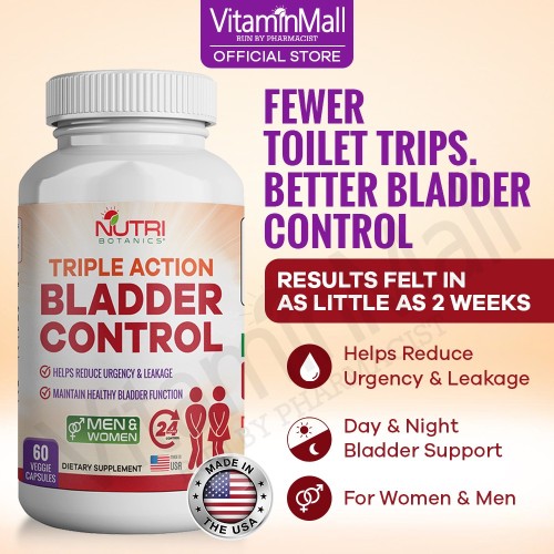 Nutri Botanics Bladder Control – Triple Action Bladder Supplement – Reduce Sudden Urge to Go to the Bathroom, Helps Reduce Leakage & Urgency, Around-the-Clock Bladder Support – 60 Capsules 