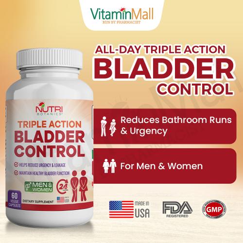 Nutri Botanics Bladder Control – Triple Action Bladder Supplement – Reduce Sudden Urge to Go to the Bathroom, Helps Reduce Leakage & Urgency, Around-the-Clock Bladder Support – 60 Capsules 