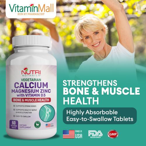 Nutri Botanics Calcium Magnesium Zinc with Vitamin D3 Supplement – 60 Vegetarian Tablets – Promote Stronger Bones & Teeth, Promote Muscle, Brain & Memory Health 