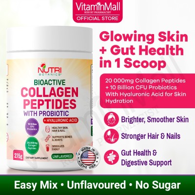 Nutri Botanics Bioactive Collagen Peptides Powder with Probiotic + Hyaluronic Acid – 275g – Skin Supplement, Bone & Joint Health, Digestive Health, Hair & Nail Supplement - Unflavored