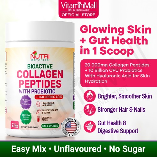 Nutri Botanics Bioactive Collagen Peptides Powder with Probiotic + Hyaluronic Acid – 275g – Skin Supplement, Bone & Joint Health, Digestive Health, Hair & Nail Supplement - Unflavored