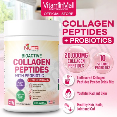 Nutri Botanics Bioactive Collagen Peptides Powder with Probiotic + Hyaluronic Acid – 275g – Skin Supplement, Bone & Joint Health, Digestive Health, Hair & Nail Supplement - Unflavored