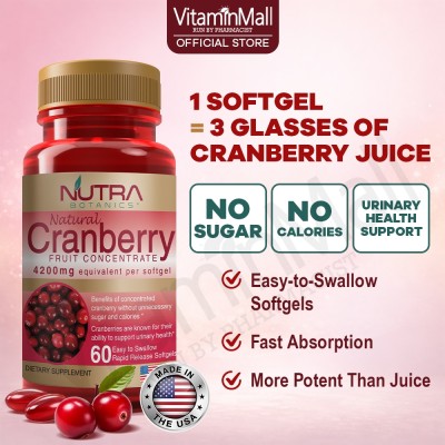 Nutra Botanics Cranberry Fruit Concentrate - 60 Softgel - Cranberry Supplement for Urinary Tract Health, Cleanse & Protect the Urinary Tract – Sugar Free – Just 2 Softgels = 1 Glass of Cranberry Juice