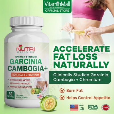 Nutri Botanics Maximum Strength Garcinia Cambogia + – Fast Acting Fat Burner, Powerful Carb Blocker, Effective Appetite Suppressant – 100% Natural Weight Loss Supplement - 60 Capsules