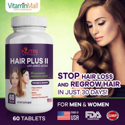 Nutri Botanics Hair Plus II with Amino Acids – Hair Growth Supplement with Biotin, 18 Amino Acids Keratin, Collagen - Stop Hair Loss, Regrow Hair Fast – 43 Hair Vitamins for Faster Healthier Hair Growth - For Women & Men – 60 Tablets   