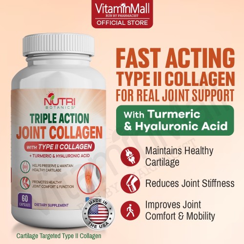 Nutri Botanics Triple Action Joint Collagen with Type II Collagen, Turmeric Curcumin & Hyaluronic Acid – 60 Capsules – Joint Health Supplement, Chondroitin, Vitamin C, Biotin, Healthy Cartilage, Cartilage Degradation