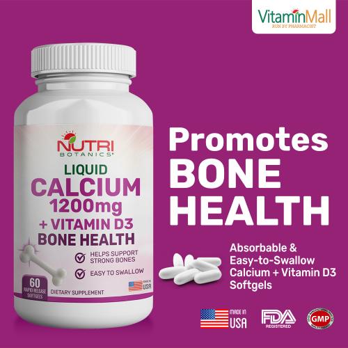 Nutri Botanics Liquid Calcium 1200mg + Vitamin D3 Bone Health Supplement – Rapid Dissolving with Enhanced Absorption – 60 Softgels, Easy to Swallow - Maintain Healthy Bones & Immune System - Soothes Muscle Contractions & Nerve Impulse