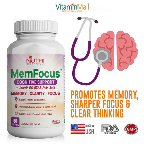 Nutri Botanics MemFocus Cognitive Support Plus with Vitamin B6, B12 & Folic Acid - Memory & Focus Support - Brain Clarity & Concentration - Enhanced Brain Health & Function - 60 Capsules