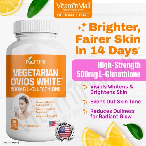 Vegetarian Ovios White L-Glutathione Whitening Supplement - Skin Whitening Pill Dark Spot Acne Scar Remover - 30's
