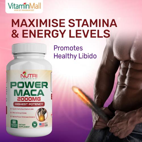 Nutri Botanics Power Maca 2000mg – Supplement for Men, Boost Energy, Stamina, Libido, Performance, Improve Focus – Vegetarian Superfood – 60 Capsules