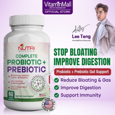 Nutri Botanics Prebiotic + Probiotic Supplement – 60 Veggie Capsules – 6 Beneficial Probiotic + 2 Prebiotics – Digestive Health & Immune Support, Reduce Bloating, Stomach Gas