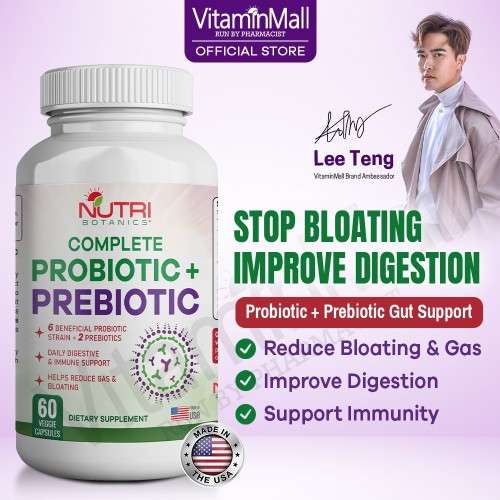 Nutri Botanics Prebiotic + Probiotic Supplement – 60 Veggie Capsules – 6 Beneficial Probiotic + 2 Prebiotics – Digestive Health & Immune Support, Reduce Bloating, Stomach Gas