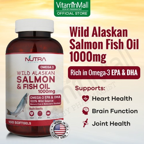Nutra Botanics Wild Alaskan Omega 3 Salmon Fish Oil 1000mg – 100 Softgels – Omega-3 Supplement for Heart Health – Molecular Distilled Wild Caught Fish Oil with EPA, DHA