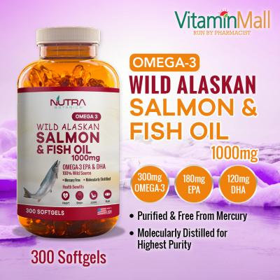 Nutra Botanics Omega 3 Wild Alaskan Salmon & Fish Oil 1000mg – 300 Softgels – With Omega-3 EPA & DHA for Heart, Brain & Joint Support – Molecular Distilled Fish Oil Supplement
