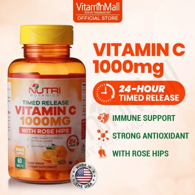 Nutri Botanics Vitamin C 1000mg Time Release Tablet with Rose Hip – Support Immune Health, Antioxidant - 60 Vegetarian Tablets – Gentle on Stomach