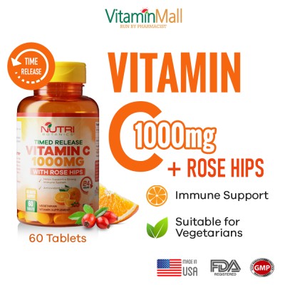 Nutri Botanics Vitamin C 1000mg Time Release Tablet with Rose Hip – Support Immune Health, Antioxidant - 60 Vegetarian Tablets – Gentle on Stomach