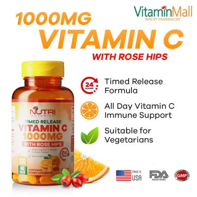 Nutri Botanics Vitamin C 1000mg Time Release Tablet with Rose Hip – Support Immune Health, Antioxidant - 60 Vegetarian Tablets – Gentle on Stomach
