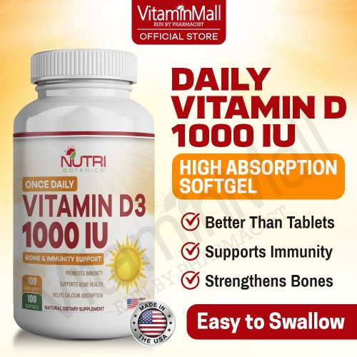 Nutri Botanics Vitamin D3 1000IU – 100 Softgel – Immune Support, Bone Health, Prevent Vitamin D Deficiency - Supplement